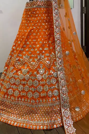 orange zari work silk lehenga set choli with dupatta with net dupatta