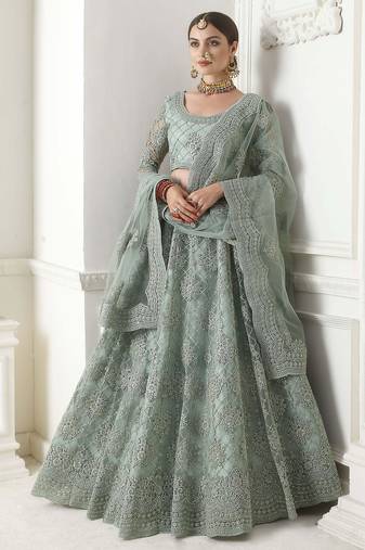 mint green net beads embroidered lehenga choli with dupatta