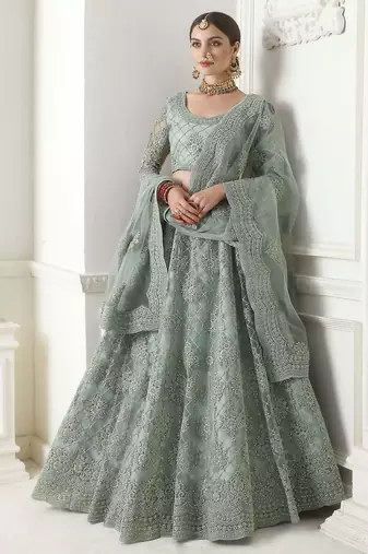 mint green net beads embroidered lehenga choli with dupatta