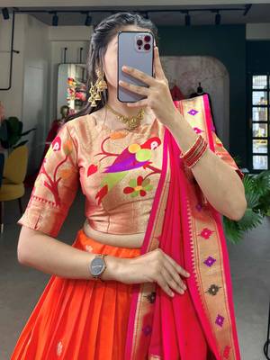 orange jacquard silk zari weaving lehenga set choli with dupatta with dupatta 4