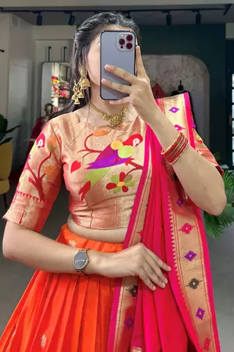 orange jacquard silk zari weaving lehenga set choli with dupatta with dupatta