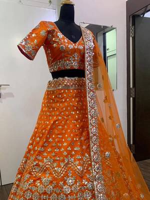 orange zari work silk lehenga set choli with dupatta with net dupatta 4