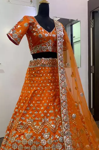 orange zari work silk lehenga set choli with dupatta with net dupatta