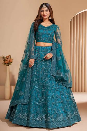 teal blue sequins embroidered wedding lehenga choli
