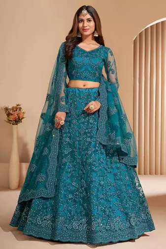 teal blue sequins embroidered wedding lehenga choli