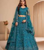 teal blue sequins embroidered wedding lehenga set choli with dupatta