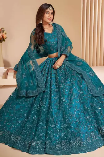 teal blue sequins embroidered wedding lehenga set choli with dupatta