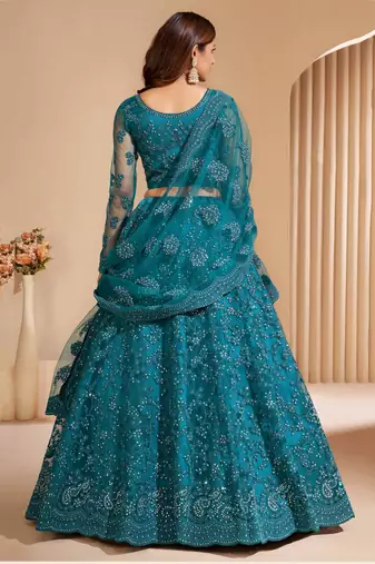 teal blue sequins embroidered wedding lehenga set choli with dupatta