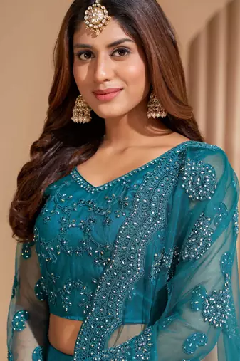 teal blue sequins embroidered wedding lehenga set choli with dupatta