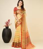 beige silk blend contrast zari border saree with matching blouse