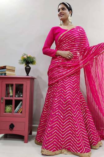 rani pink georgette sequins work party wear lehenga saree