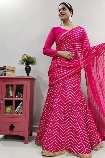 rani pink georgette sequins work party wear lehenga saree