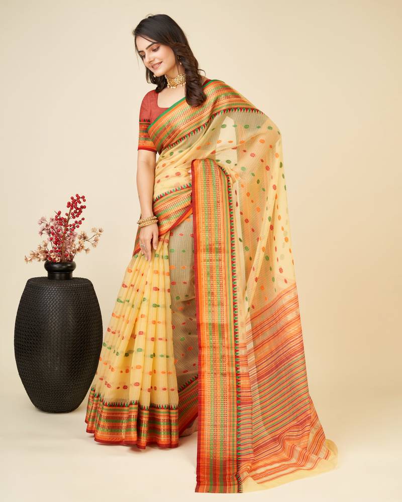 beige silk blend contrast zari border saree with matching blouse
