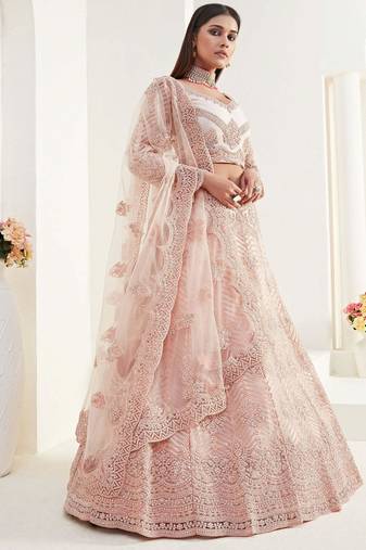 peach net stone work wedding wear lehenga choli with dupatta