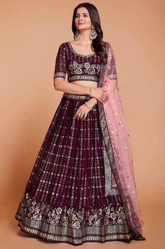 purple sequins georgette wedding lehenga choli