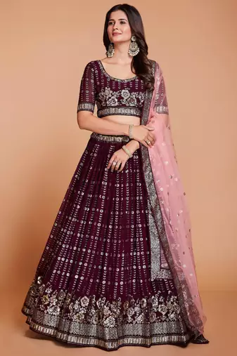 purple sequins georgette wedding lehenga choli