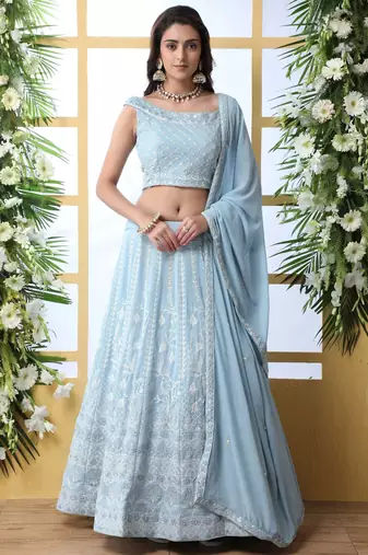 sky blue thread work georgette bridesmaid lehenga choli