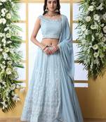 sky blue thread work georgette bridesmaid lehenga choli