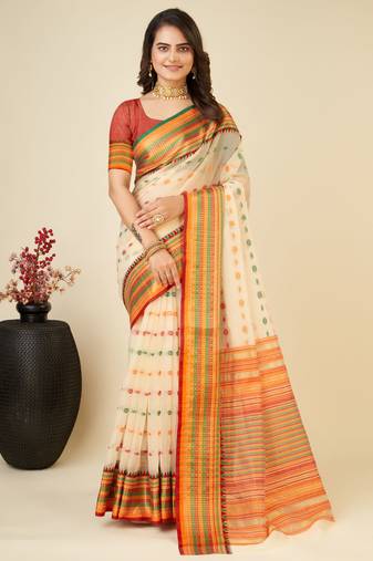 cream contrast zari border silk blend saree with matching blouse