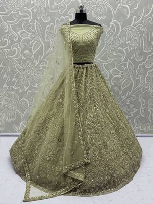 pista green net thread work mehendi lehenga set choli with dupatta 1