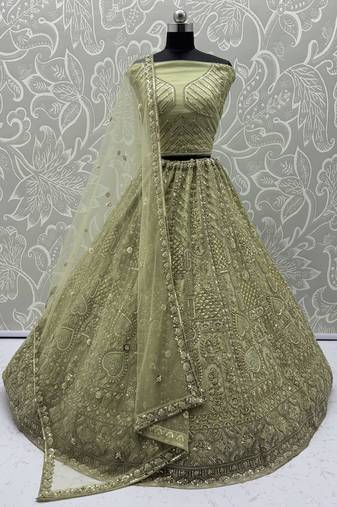 pista green net thread work mehendi wear lehenga choli