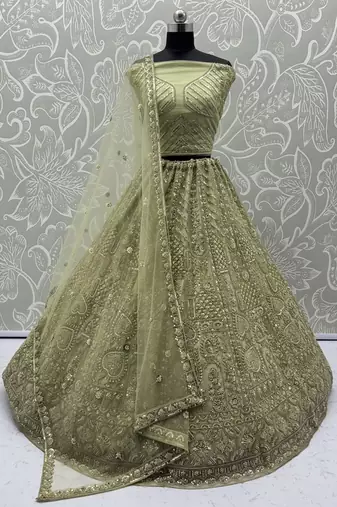 pista green net thread work mehendi wear lehenga choli