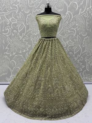 pista green net thread work mehendi lehenga set choli with dupatta 2