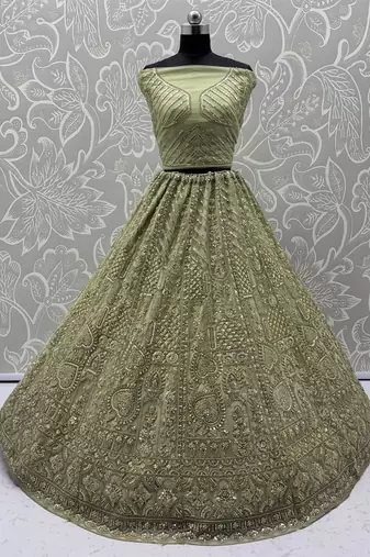 pista green net thread work mehendi lehenga set choli with dupatta