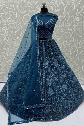 blue net embroidered designer lehenga choli with dupatta