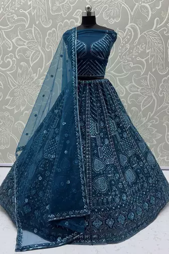 blue net embroidered designer lehenga choli with dupatta