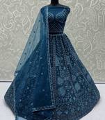 blue net embroidered designer lehenga choli with dupatta