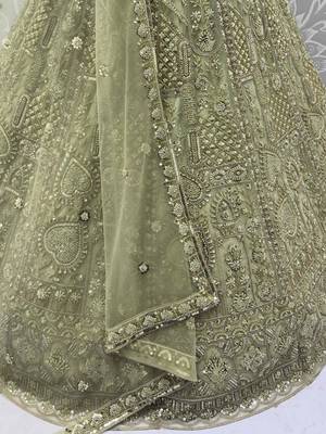 pista green net thread work mehendi lehenga set choli with dupatta 3