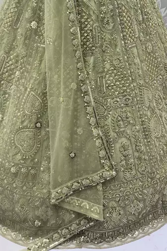 pista green net thread work mehendi lehenga set choli with dupatta