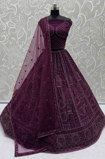 purple net dori embroidered lehenga choli with dupatta