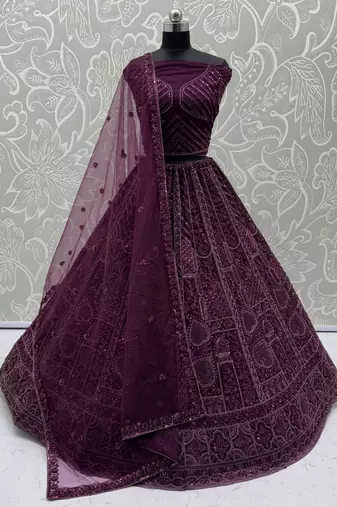 purple net dori embroidered lehenga choli with dupatta