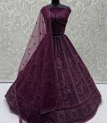purple net dori embroidered lehenga choli with dupatta