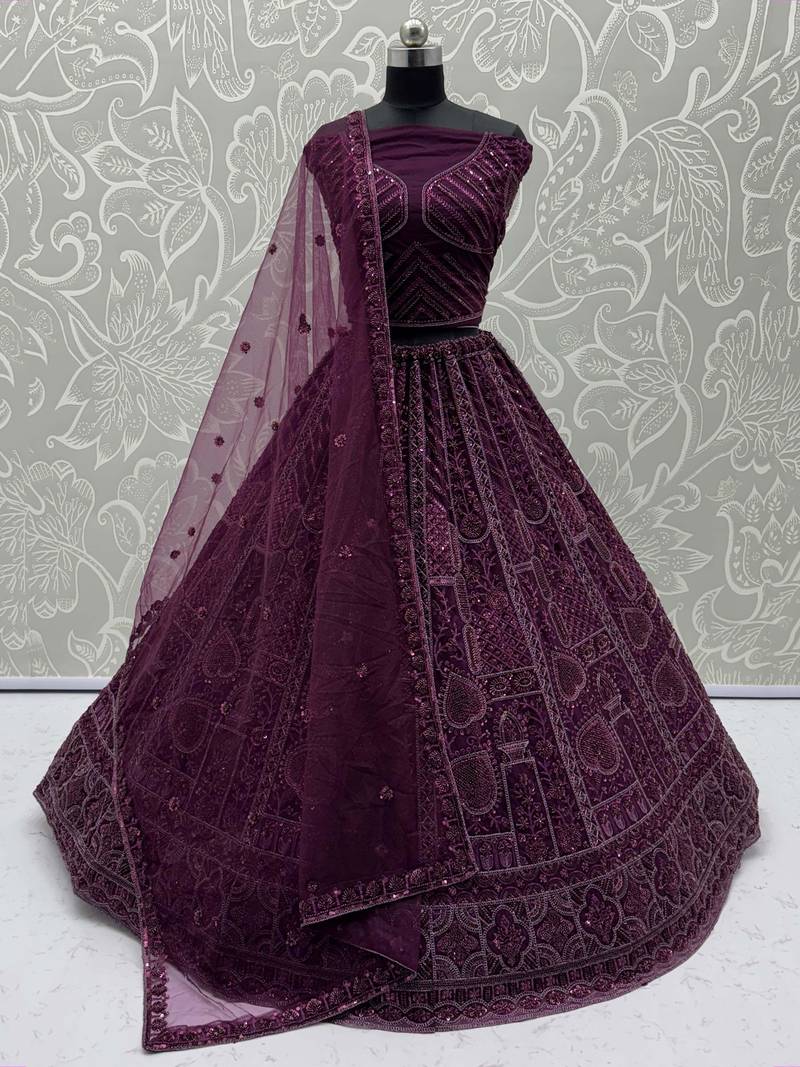 purple net dori embroidered lehenga choli with dupatta