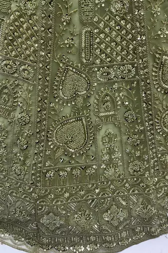 pista green net thread work mehendi lehenga set choli with dupatta