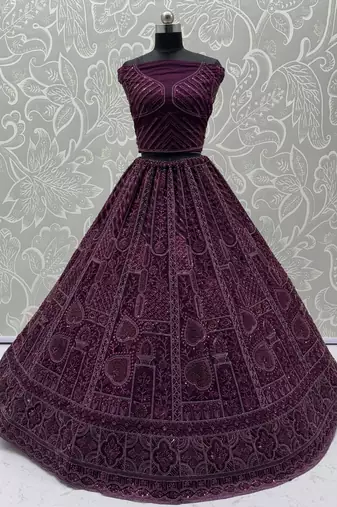purple net dori embroidered lehenga set choli with dupatta with dupatta