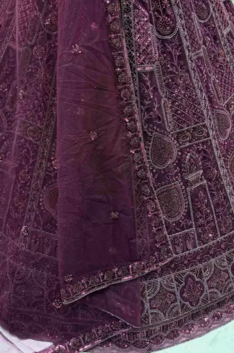 purple net dori embroidered lehenga set choli with dupatta with dupatta