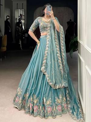 sky blue organza zari weaving lehenga set choli with dupatta 1