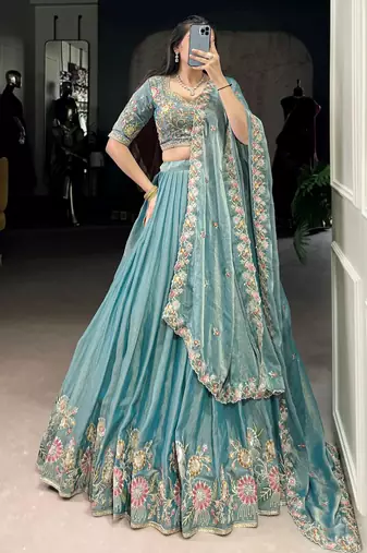 sky blue organza zari weaving engagement wear lehenga choli