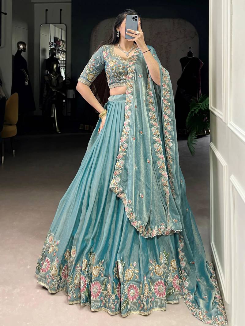 sky blue organza zari weaving engagement wear lehenga choli