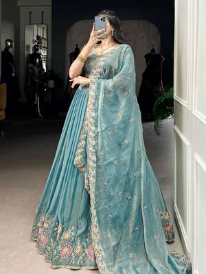 sky blue organza zari weaving lehenga set choli with dupatta 2