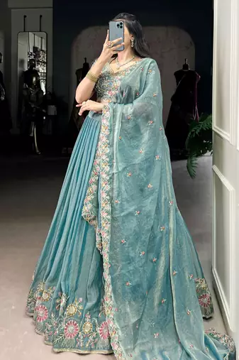 sky blue organza zari weaving lehenga set choli with dupatta