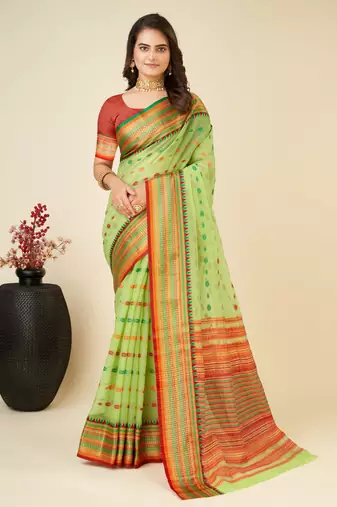 green silk blend contrast zari border saree with matching blouse