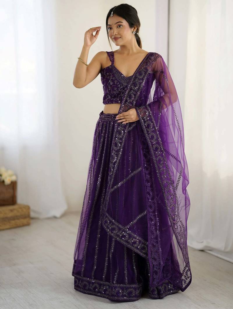 wine net sequins work wedding wear lehenga choli with dupatta