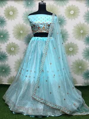 blue embroidered net lehenga set choli with dupatta 1