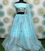 blue embroidered net engagement wear lehenga choli