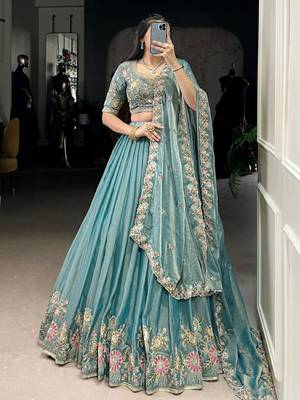 sky blue organza zari weaving lehenga set choli with dupatta 3